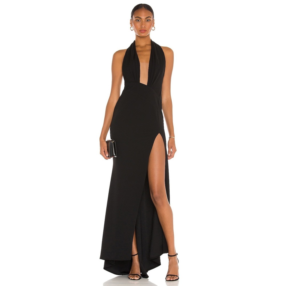 Katie May Legs For Days Gown Black Halter Plunge High Slit Formal Dress XL NEW